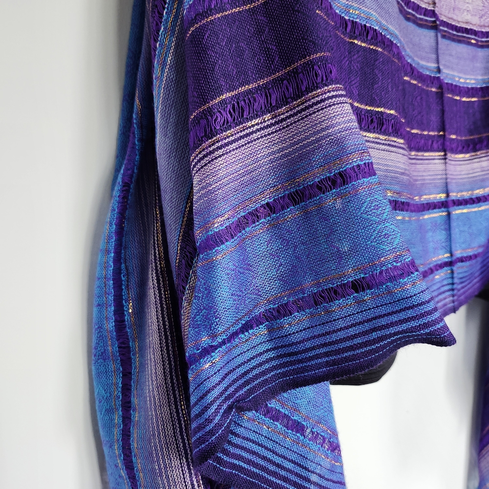 Scarf Peruvian Handmade Purple and Blue Striped Scarf Tassels Metallic Threads